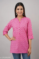 Pink cotton Cambric block print straight tunic kurti with three-quarter sleeves, wooden buttons detail. Indian women's fashion wear
