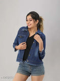 Denim waistcoat for women, modern three-quarter sleeve style - Comfy, solid jacket from India