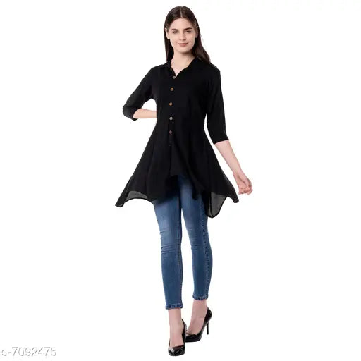 Solid black rayon women's top, three-quarter sleeves, Indian origin