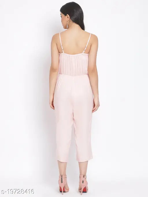 Peach viscose jumpsuit, solid fit for women, sleeveless and regular length