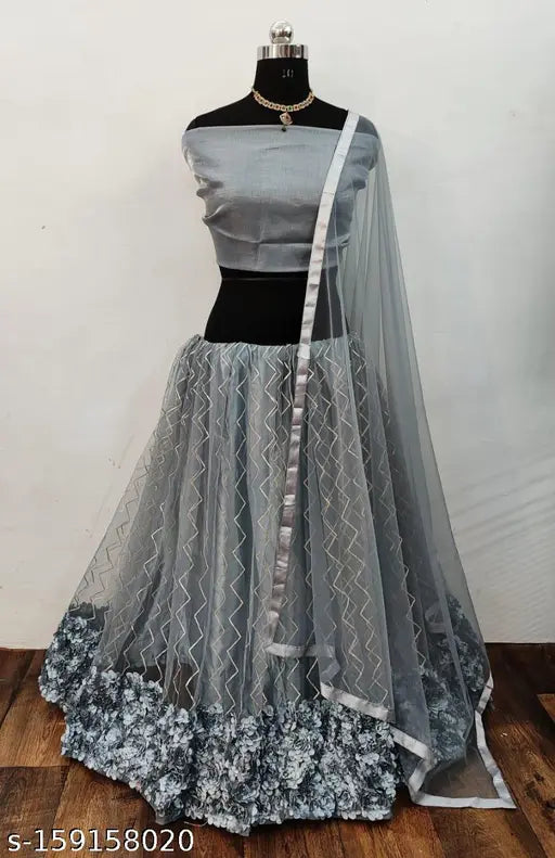Gray net lehenga-choli set with applique dupatta, traditional Indian bridal wear