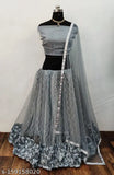 Gray net lehenga-choli set with applique dupatta, traditional Indian bridal wear