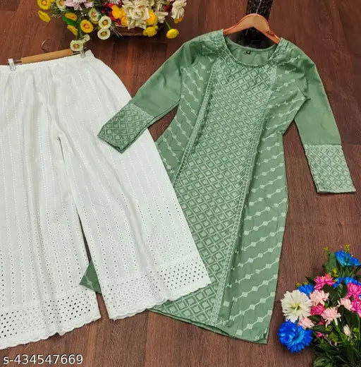 Embroidered cotton palazzo set with kurta - three-quarter sleeve, Indian ethnic wear for women, S-XXXL sizes