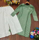 Embroidered cotton palazzo set with kurta - three-quarter sleeve, Indian ethnic wear for women, S-XXXL sizes