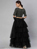 Satin and net Bansuri Lehenga Choli with dupatta, embroidered top, ruffled bottom, lace dupatta. Free size semi-stitched Indian bridal wear set." (124 characters)