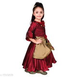 Red cotton blend long gown dress for girls, self-design embroidery by Hariyal Creation for festive parties