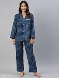 Divena blue printed cotton nightsuit, long-sleeved top and bottom with waist and length sizes available from XS to 7XL, Indian-made loungewear on mannequin