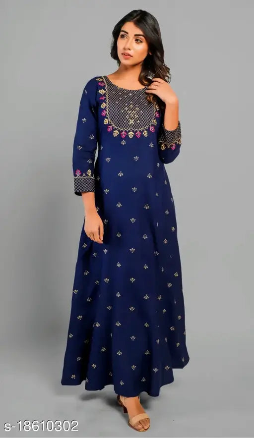 Blue IBBA women's embroidered rayon A-line kurta with three-quarter sleeves, intricately patterned, size L (bust 40in, length 49in), Indian fashion