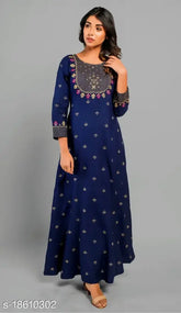 Blue IBBA women's embroidered rayon A-line kurta with three-quarter sleeves, intricately patterned, size L (bust 40in, length 49in), Indian fashion