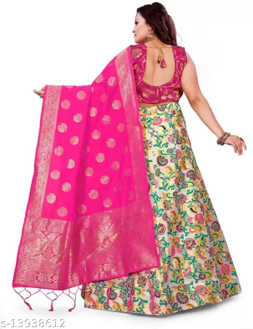 Indian Floral Jacquard Lengha Chaniya Choli with Silk Dupatta, semi-stitched and free size