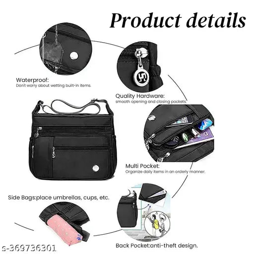 Black nylon waterproof crossbody bag with 4 compartments, adjustable shoulder strap. Spacious and versatile sling bag for daily essentials storage. Premium nylon material ensures durability and slight water resistance. Ideal for work, errands, or leisure activities. Country of origin: China