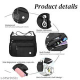 Black nylon waterproof crossbody bag with 4 compartments, adjustable shoulder strap. Spacious and versatile sling bag for daily essentials storage. Premium nylon material ensures durability and slight water resistance. Ideal for work, errands, or leisure activities. Country of origin: China