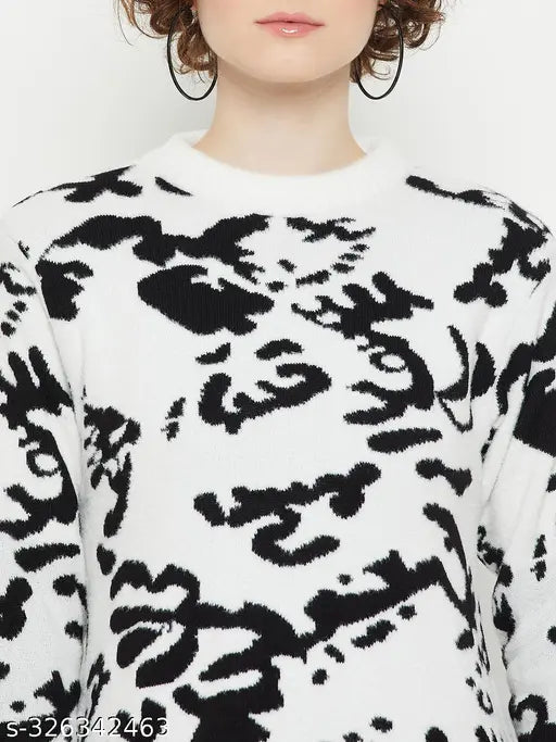 Wool Kasma women's round neck quirky sweater with long sleeves, self-design pattern, white color, pull-on closure, size S (36 in bust, 19 in length)