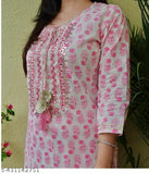 New pink rayon kurti pant with palazzos, three-quarter sleeves, printed net design. Single size available in S-XXXXL