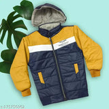 Stylish yellow and blue polyester winter baby hooded jacket for boys, colorblocked design, long sleeves