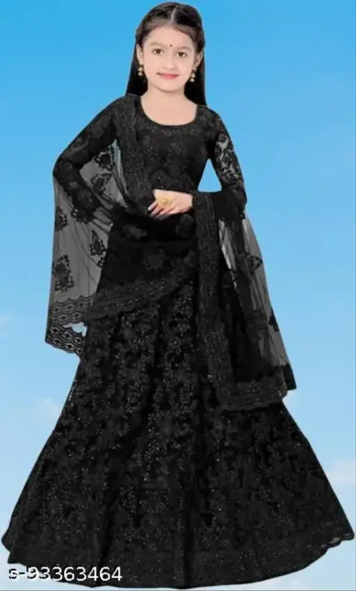 Black embroidered net lehenga choli for kids, semi-stitched Indian traditional wear