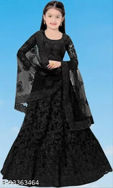 Black embroidered net lehenga choli for kids, semi-stitched Indian traditional wear