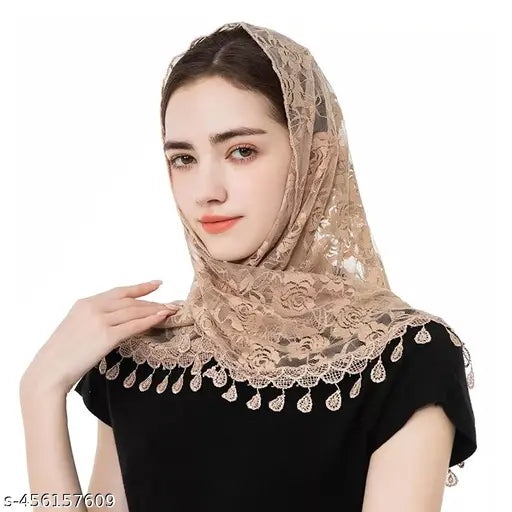 Tassel Rose Jacquard Lace Mantilla Triangle Head Scarf, premium fabric for women's fashion and church events
