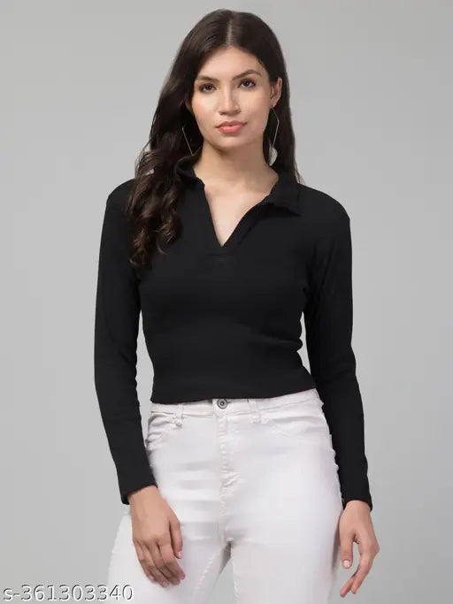 Ribbed cotton blend solid collar neck t-shirt with long sleeves, suitable for rainy/light winter wear. Timeless and versatile piece for casual to sophisticated occasions. Size: S (36in bust, 25in length), M (38in bust, 25in length), L (40in bust, 26in length), XL (42in bust, 26in length). Made in India