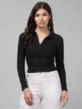 Ribbed cotton blend solid collar neck t-shirt with long sleeves, suitable for rainy/light winter wear. Timeless and versatile piece for casual to sophisticated occasions. Size: S (36in bust, 25in length), M (38in bust, 25in length), L (40in bust, 26in length), XL (42in bust, 26in length). Made in India
