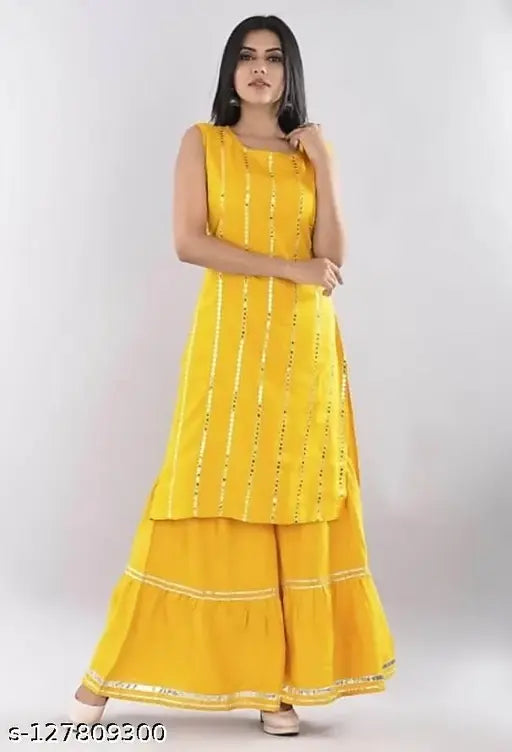 Solid color rayon kurta & sharara set, embellished net design for women, India-made fashion wear
