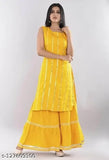 Solid color rayon kurta & sharara set, embellished net design for women, India-made fashion wear