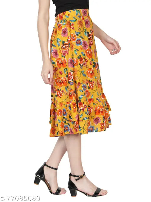 Rayon floral printed yellow ruffle skirt, elastic waistband, midi length for casual parties