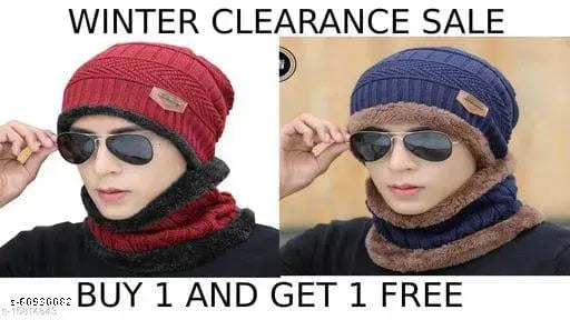 Woolen balaclava cap with faux fur lining - Trendy men's hat, embellished design, hand-knitted feel, India origin