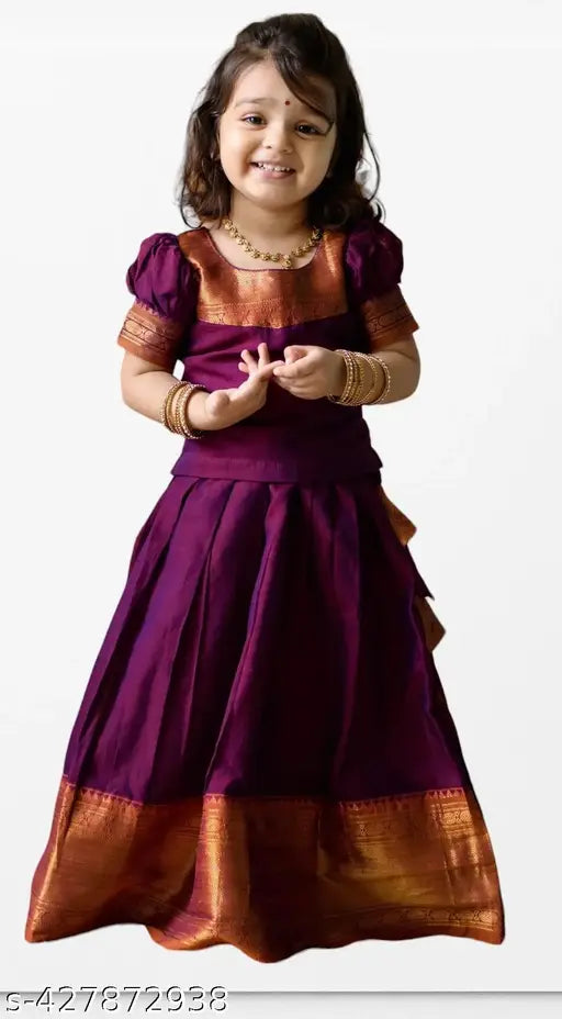 Taffeta silk pattu choli for girls, vibrant self-design with zari stitch, suitable for 18-12 years old South Indian traditions