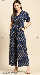 Navy blue rayon printed net short sleeve jumpsuit on mannequin, sizes XS to XXL