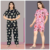 Printed polycotton nightsuit combo set for women (S, M, L, XL, XXL), Indian-made with short sleeves and patterned net design