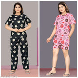 Printed polycotton nightsuit combo set for women (S, M, L, XL, XXL), Indian-made with short sleeves and patterned net design