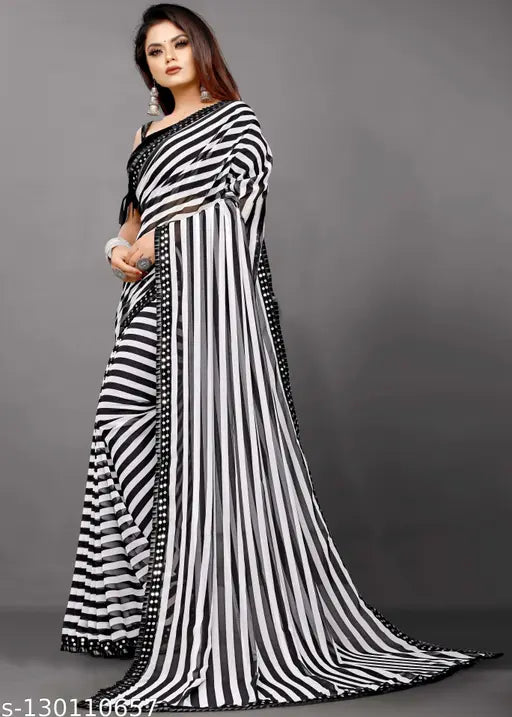 Black and White Georgette Bollywood Saree, striped pattern with separate Banarasi Silk blouse, fancy embroidery, perfect for parties or traditional events, hand-worked katchi stone, Indian origin