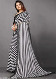 Black and White Georgette Bollywood Saree, striped pattern with separate Banarasi Silk blouse, fancy embroidery, perfect for parties or traditional events, hand-worked katchi stone, Indian origin