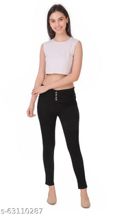 Black denim women's 4-button jeans (Pack of 1), stretchable and regular-fit from JAC FASHION WEAR, India