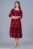 Stylish women's rayon long gold print kurti with three-quarter sleeves and embroidered pattern, Indian ethnic wear in S, M, L, XXXL sizes