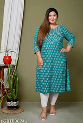 Blue plus size floral print cotton kurta, three-quarter sleeves, Avnii Women's fashion for larger sizes on display