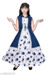 Navy Blue Cotton Blend Ethnic Gown for Girls - Printed Net Floral Design, V-neck, Belt, Partywear
