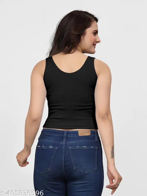 Black cotton blend sleeveless rib knit crop top with round neck, slim fit and racer back style