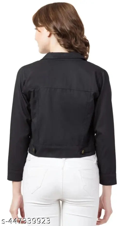 Casual fit black cotton blend women's jacket, solid pattern, long sleeves - Size S (Bust 36in, Length 18in, Waist 32in, Hip 32in, Shoulder 28in), made in India