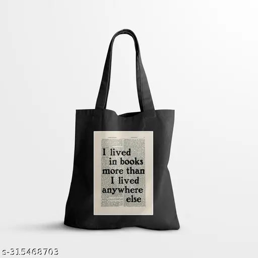 Black canvas tote bag: 'I Lived In Books' print, ideal for daily essentials