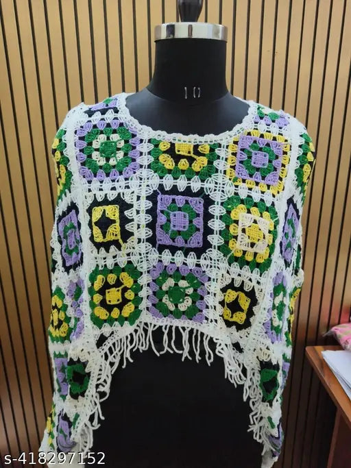 Imported lace sleeved printed net shrug poncho, geometric pattern with fringe, handmade crochet top