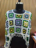 Imported lace sleeved printed net shrug poncho, geometric pattern with fringe, handmade crochet top