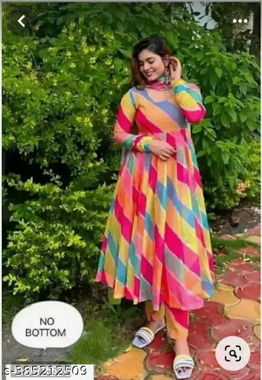 White flared Georgette floral gown, trendy ethnic wear for casual office or festivals. Short-sleeved, striped design, size S-XXL