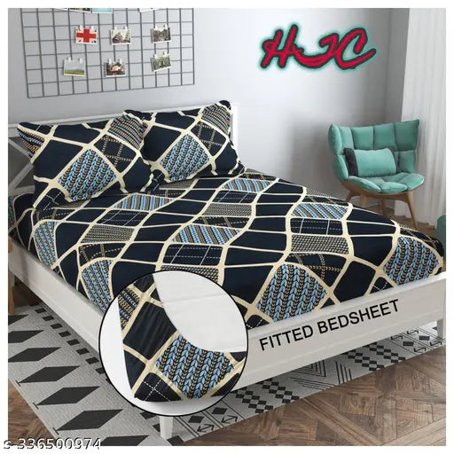 Supersoft premium cotton fitted bedsheet set, double bed size (72x78), 230 thread count, all-around elastic for up to 8" mattress, includes 2 pillow covers. Luxurious bedding ensemble, ideal for summer