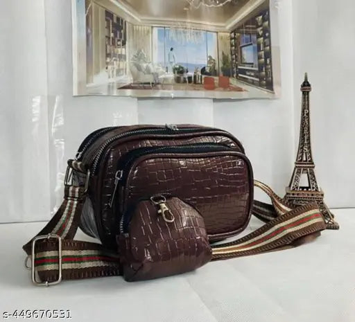 Leather checked sling bag, three compartments for women, high-quality Indian craftsmanship