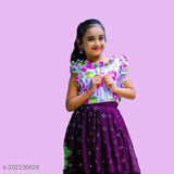 Baby Girls New Latest Rayon & Satin Lengha Choli, short sleeves, printed top, embroidered lehenga, stitched, 1N set. Indian traditional girls' outfit for 2-14 years