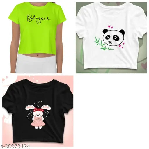 Cotton crop round-neck T-shirts for women, printed with fashionable designs, available in sizes S-XL (Indian sizing)