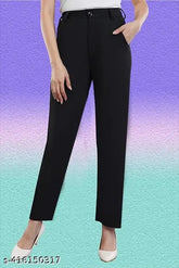 Black cotton lycra formal pants for women by Lifetarm - elegant, functional, and stylish with traditional solid colors or modern twists like herringbone or plaid patterns, featuring slant or welt-style pockets, reinforced seams, creases, lining, and a wrinkle-resistant finish. Made in India