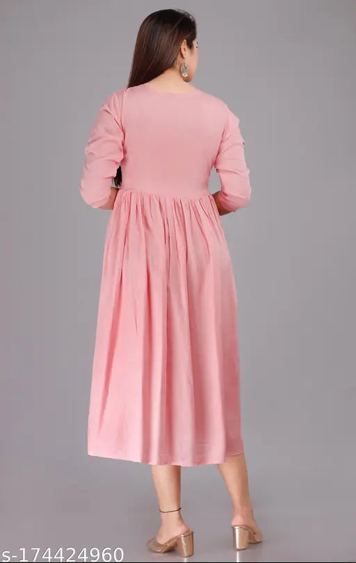 Embroidered rayon three-quarter sleeve GS PINK MATKA kurti, India-origin, features peach tones and intricate patterns